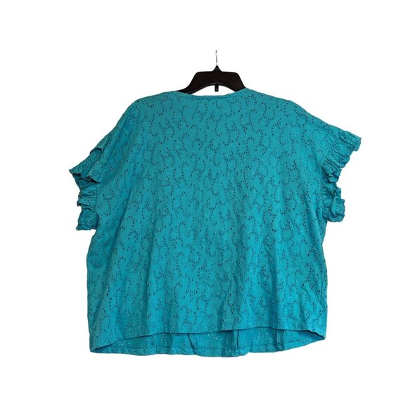 Tru Luxe Jeans Womens Turquoise Ruffled Eyelet Blouse L 100% Cotton - Picture 6 of 6